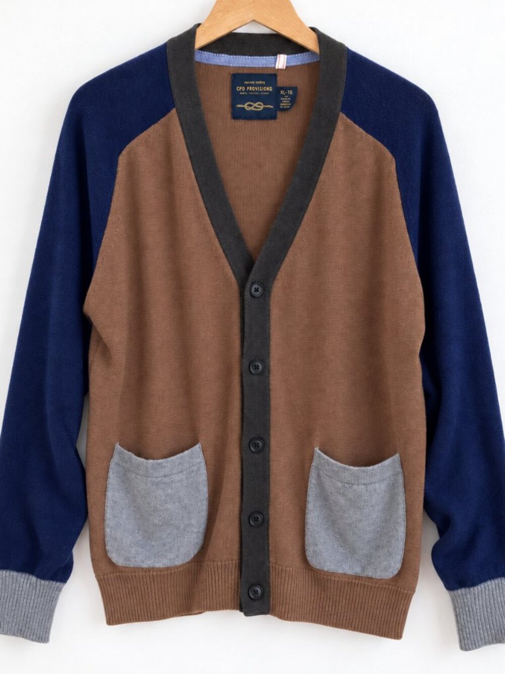 CPO Provisions Men’s Colorblock Cardigan Sweater XL Brown Navy Grey 100% Cotton